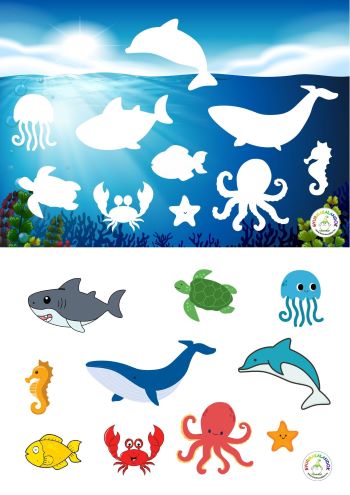 Gyurmakalandok - Tengeri állatok árnyék-kirakó játék nyomtatható lapja - www.kreativszakkor.hu